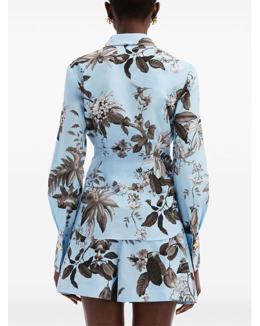 Oscar de la Renta Blue Floral-print Pleat-detail Shirt