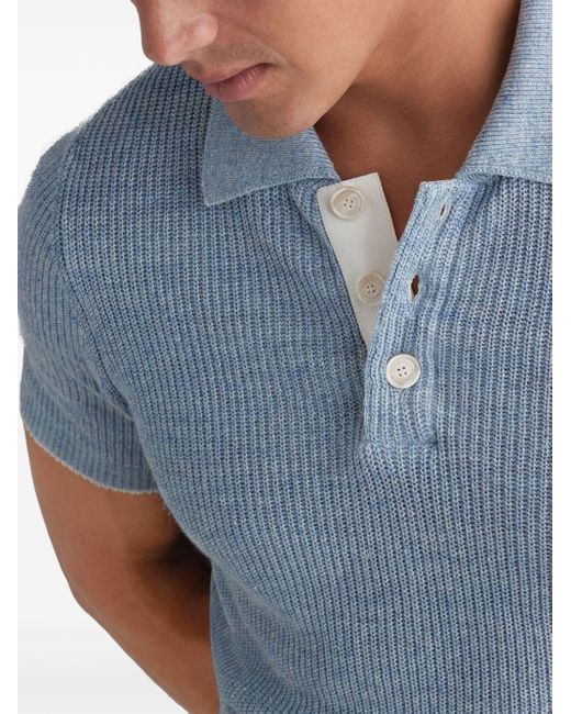Brunello Cucinelli Blue Mélange Ribbed-knit Polo Shirt for men