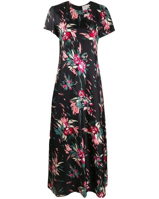 LaDoubleJ Black Floral Print Long Silk Dress