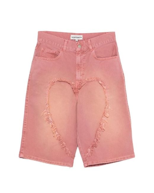 Carne Bollente Pink Frayed Heart-Motif Shorts
