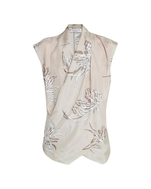 Brunello Cucinelli White Floral-Print Draped Silk Blouse