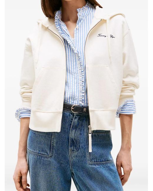 Tommy Hilfiger White Embroidered-Logo Zip-Up Cardigan