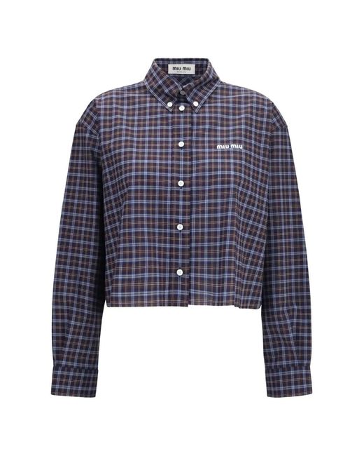 Miu Miu Blue Check-Pattern Logo-Embroidered Shirt