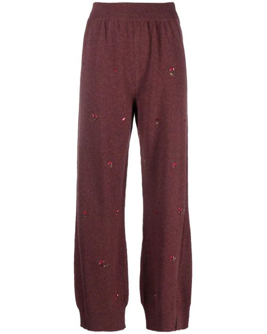 Barrie Red Floral-Embroidery Cashmere Trousers