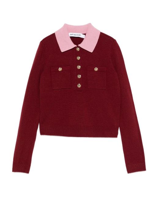 Self-Portrait Red Burgundy Contrast Collar Knit Top