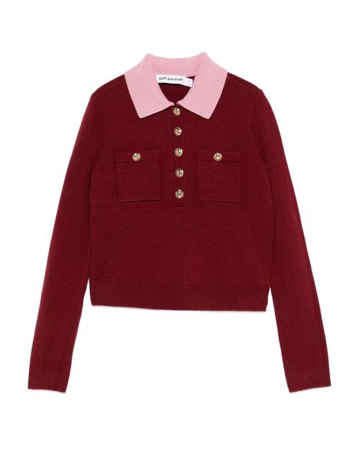 Self-Portrait Red Burgundy Contrast Collar Knit Top