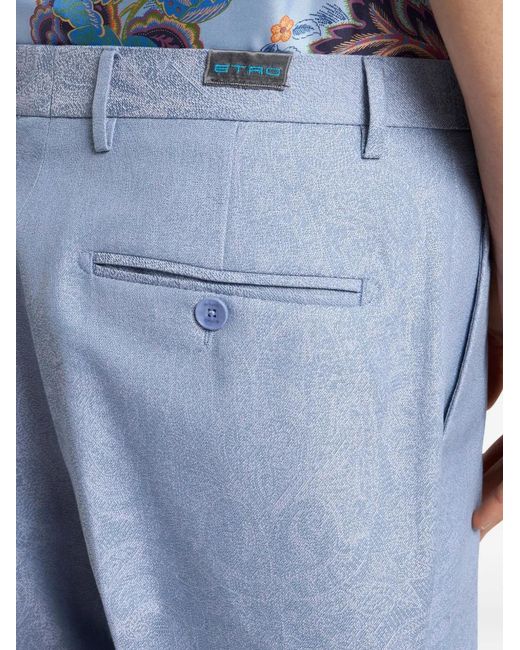 Etro Blue Paisley-Jacquard Cotton Trousers for men