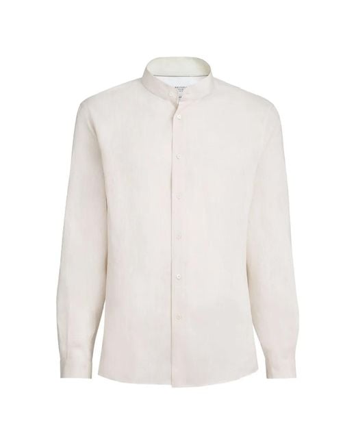 Brunello Cucinelli White Linen Easy Fit Shirt With Mandarin Collar for men