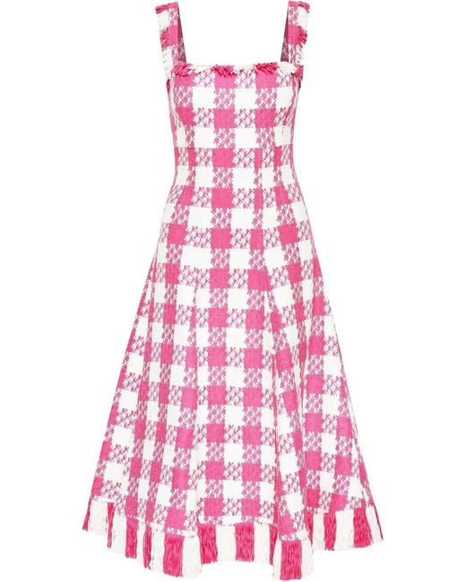 Oscar de la Renta Pink Houndstooth Square-Neck Dress