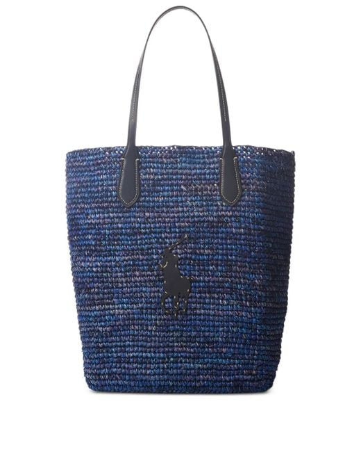 Polo Ralph Lauren Blue Large Big Pony Raffia Tote Bag