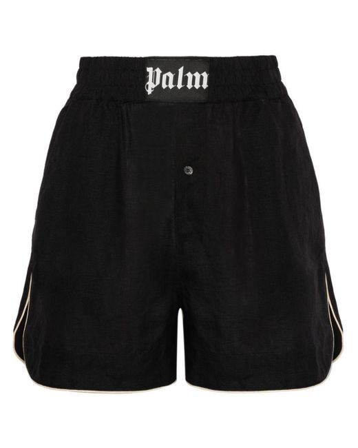 Palm Angels Black Logo-patch Linen Shorts