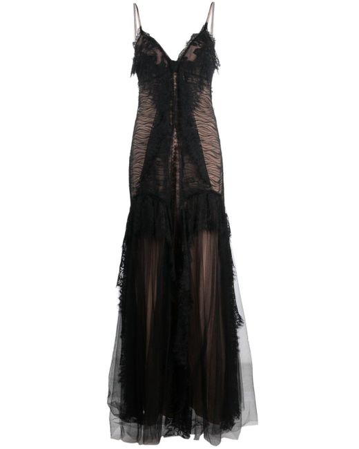 Alberta Ferretti Black Lace-panelled Ruffled Maxi Dress