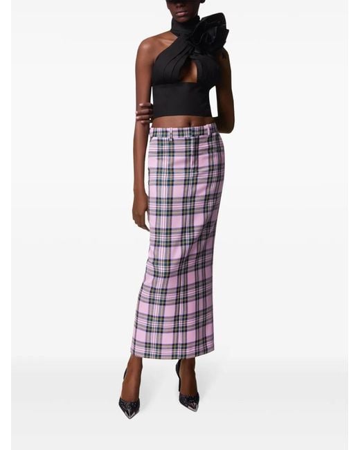 Area Pink Checked Wool Midi Skirt