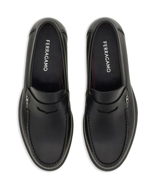Ferragamo Black Titanium-Finish Mini Gancini Buckle Bacco Loafers Shoes for men