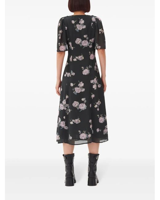 Ganni Black Floral-Print Crepe Wrap Midi Dress