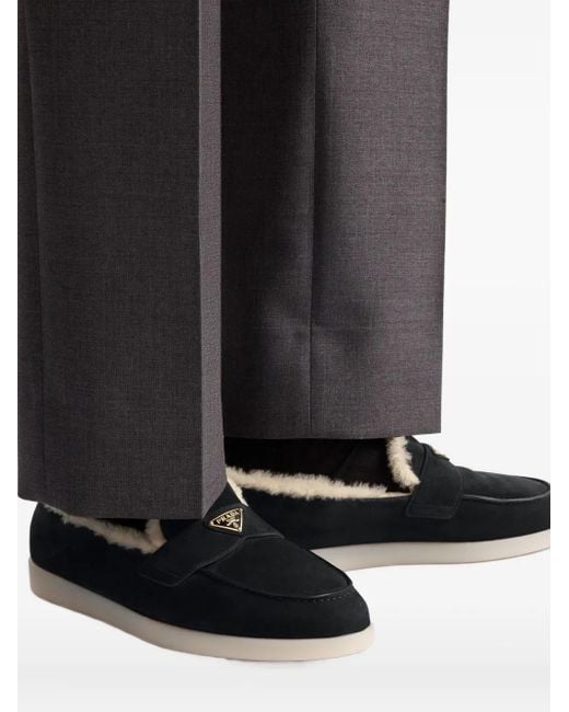 Prada Black Triangle-Logo Shearling Loafers for men