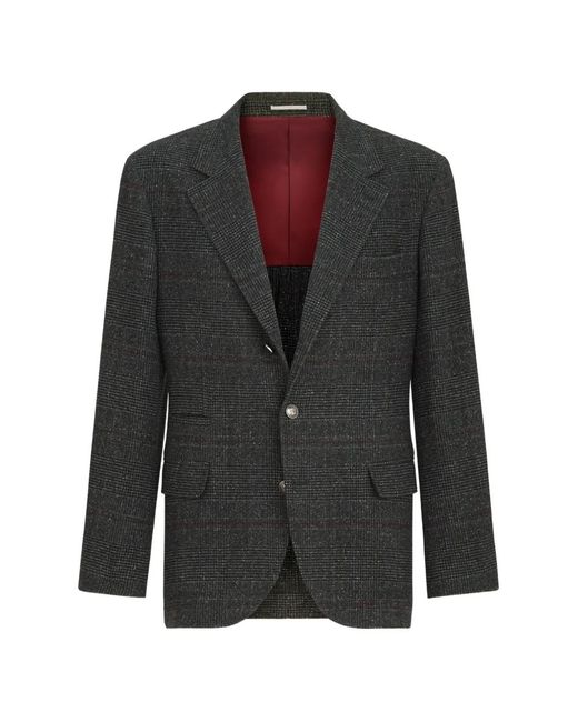 Brunello Cucinelli Black Silk, Wool And Cashmere Prince Of Wales Flannel Deconstructed Blazer for men