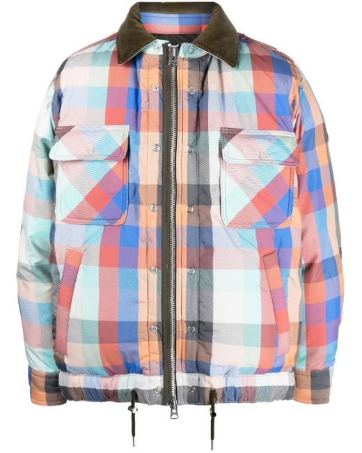 Sacai Blue Check-Pattern Zip-Up Bomber Jacket for men