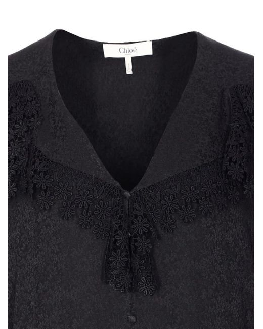 Chloé Blue Lace-Trim Long-Sleeve Blouse