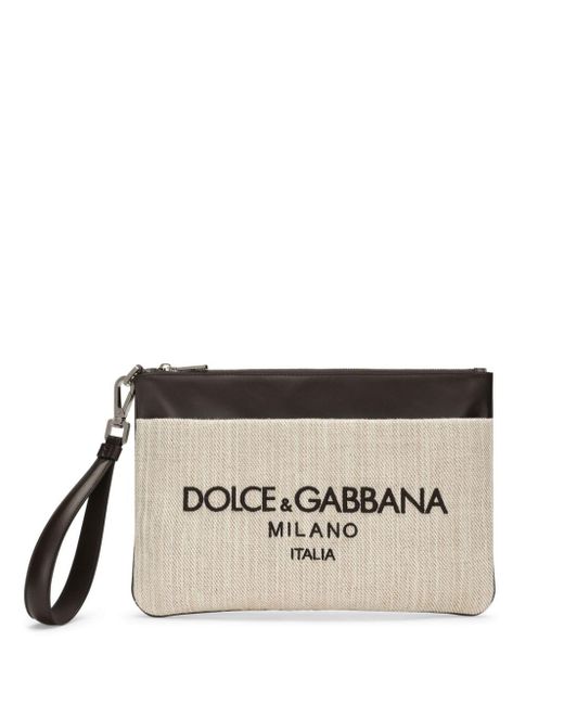 Dolce & Gabbana Gray Logo-embroidered Canvas Clutch Bag for men