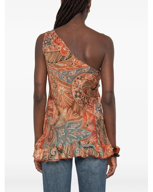 Etro Orange Ruffled Paisley Top
