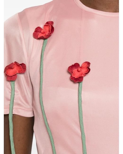 Moschino Pink Floral Appliqué Midi Dress With Short Sleeves