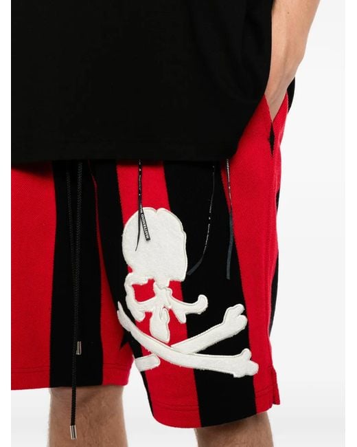 MASTERMIND WORLD Red Short Rayé À Patch Tête De Mort for men