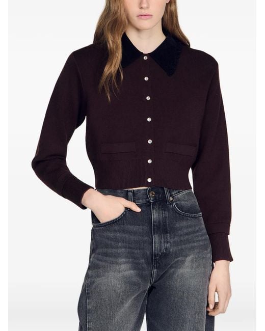 Sandro Brown Ruffle-Collar Cropped Cardigan