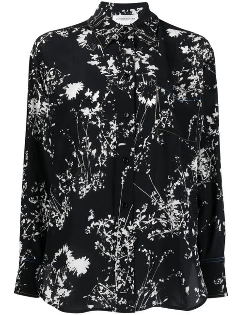Victoria Beckham Black Floral-Print Silk Shirt