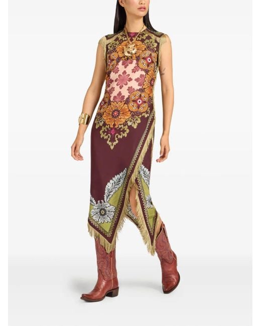 LaDoubleJ Red Floral-Print Fringe Asymmetric Day Dress
