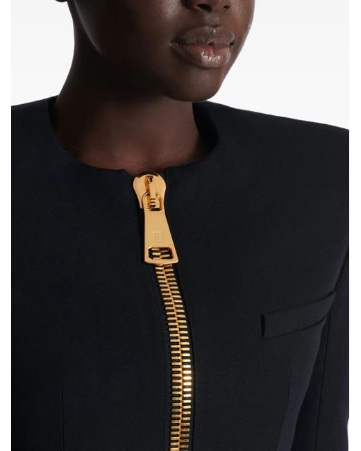 Balmain Black Padded-Shoulder Zip-Front Cropped Jacket