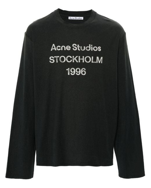 Acne Black Distressed-T-Shirt mit Logo-Print