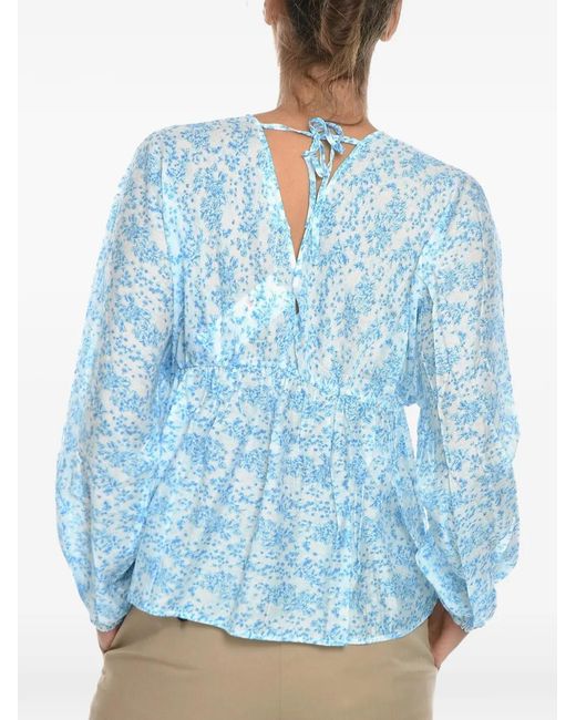Samsøe & Samsøe Blue Floral-Pattern Puff-Sleeve Blouse