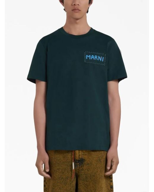 Marni Green Short-Sleeve T-Shirt With Rectangular Patch Design for men