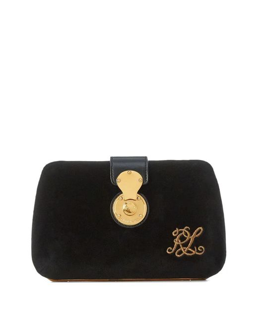 Ralph Lauren Black Logo-Embroidered Velvet Clutch Bag