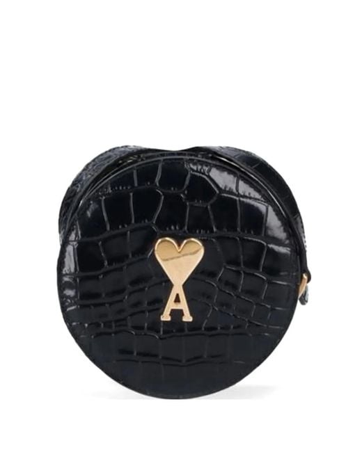 AMI Black Round Paris Crocodile-Effect Crossbody Bag