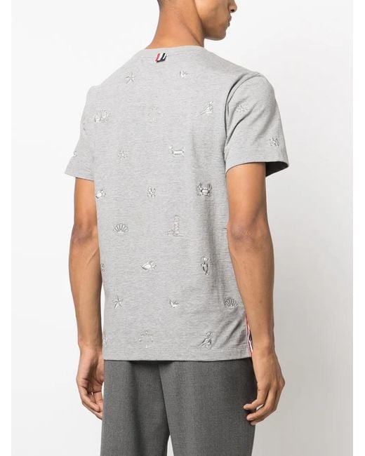 Thom Browne Gray Embroidered Cotton T-Shirt for men