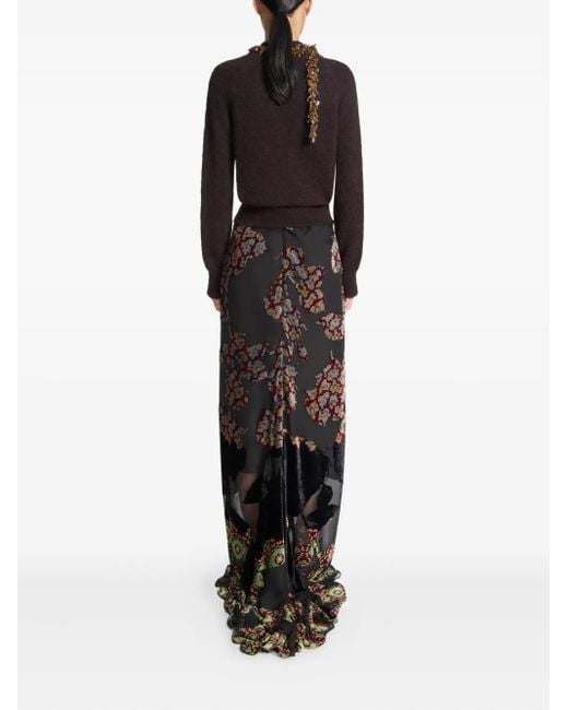 Dries Van Noten Black Floral-Print Ruffled Skirt