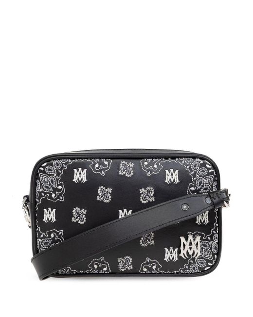 Amiri Black Bandana Ma-Embroidered Leather Camera Bag for men