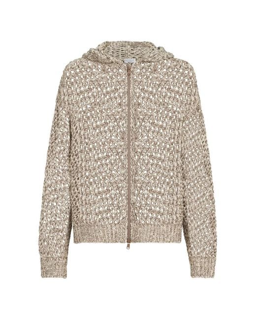 Brunello Cucinelli Natural Crochet-Knit Zip-Up Hoodie