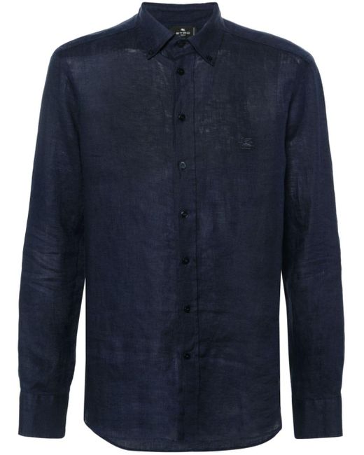 Etro Blue Pegaso-embroidered Linen Shirt for men