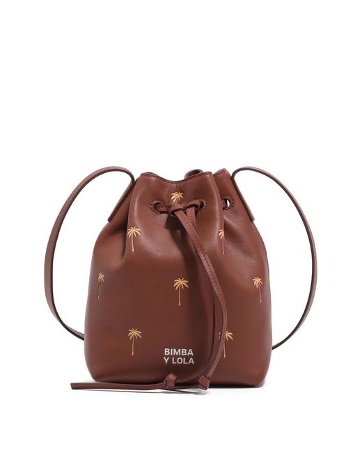Bimba Y Lola Brown Small Palm-Tree Print Drawstring Bucket Bag