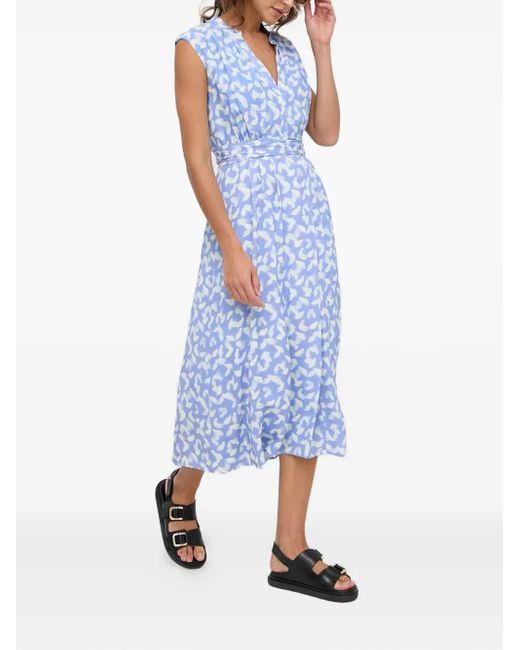 Boss Blue V-Neck Feather-Print Midi Dress