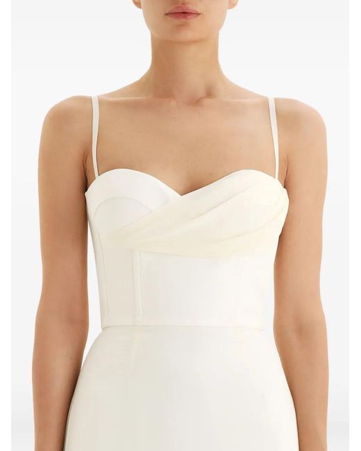 POST MERIDIEM White Draped Bodice Flounced-Hem Midi Dress
