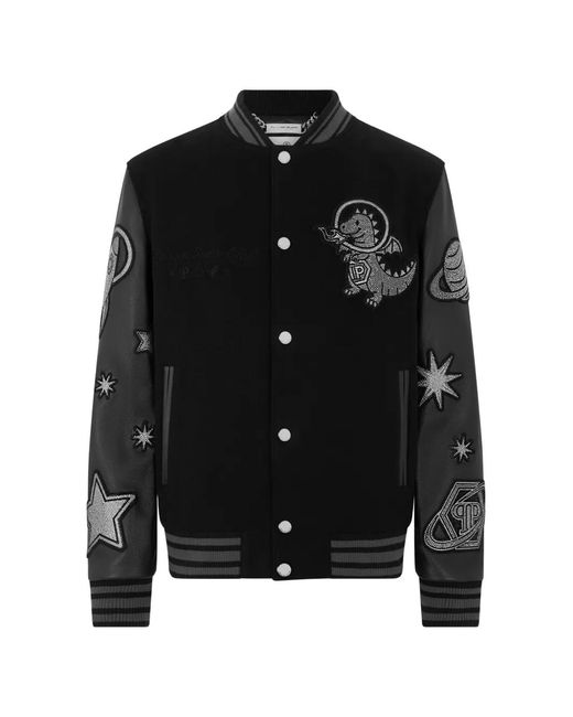 Philipp Plein Black College Bomber Plein Space Strass for men