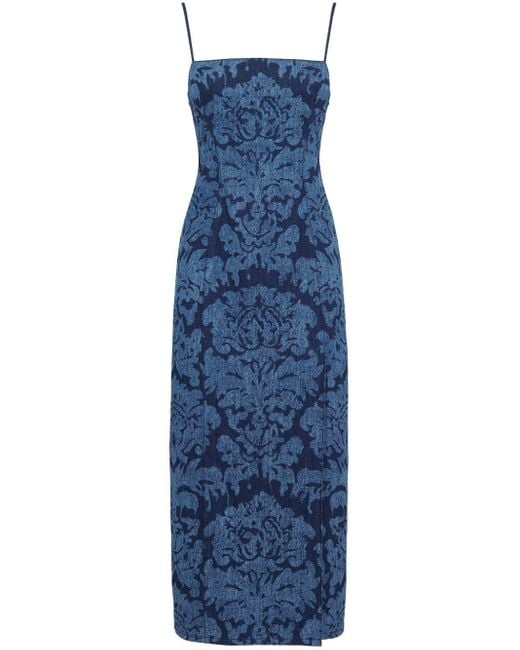 Alexander McQueen Blue Damask-print Denim Midi Dress