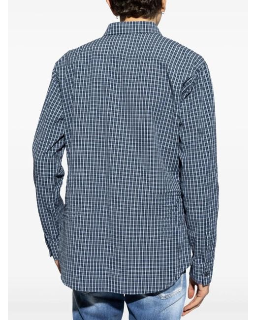 DSquared² Blue Logo-Patch Plaid Cotton Shirt for men