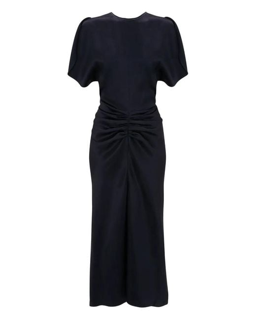 Victoria Beckham Blue Gathered-Waist Midi Dress