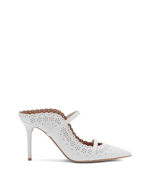 Malone Souliers White Pointed-Toe Scalloped-Trim Heeled Pumps