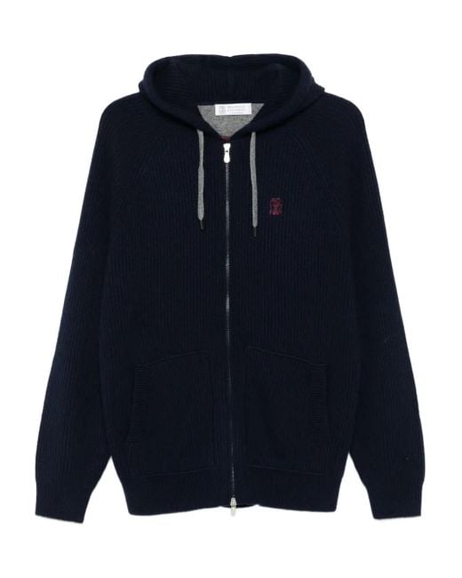Brunello Cucinelli Blue Zip-Up Hooded Cardigan for men
